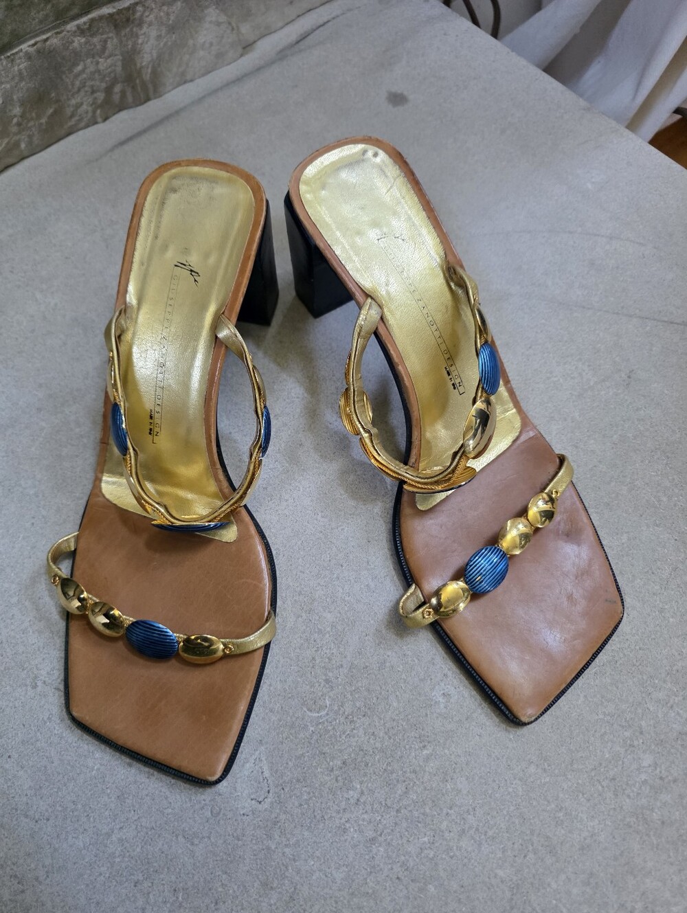 Vtg Vicini Giuseppe Zanotti Metallic Gold Blue Square Toe Bejeweled 38.5 Y2K 00s - Picture 3 of 16